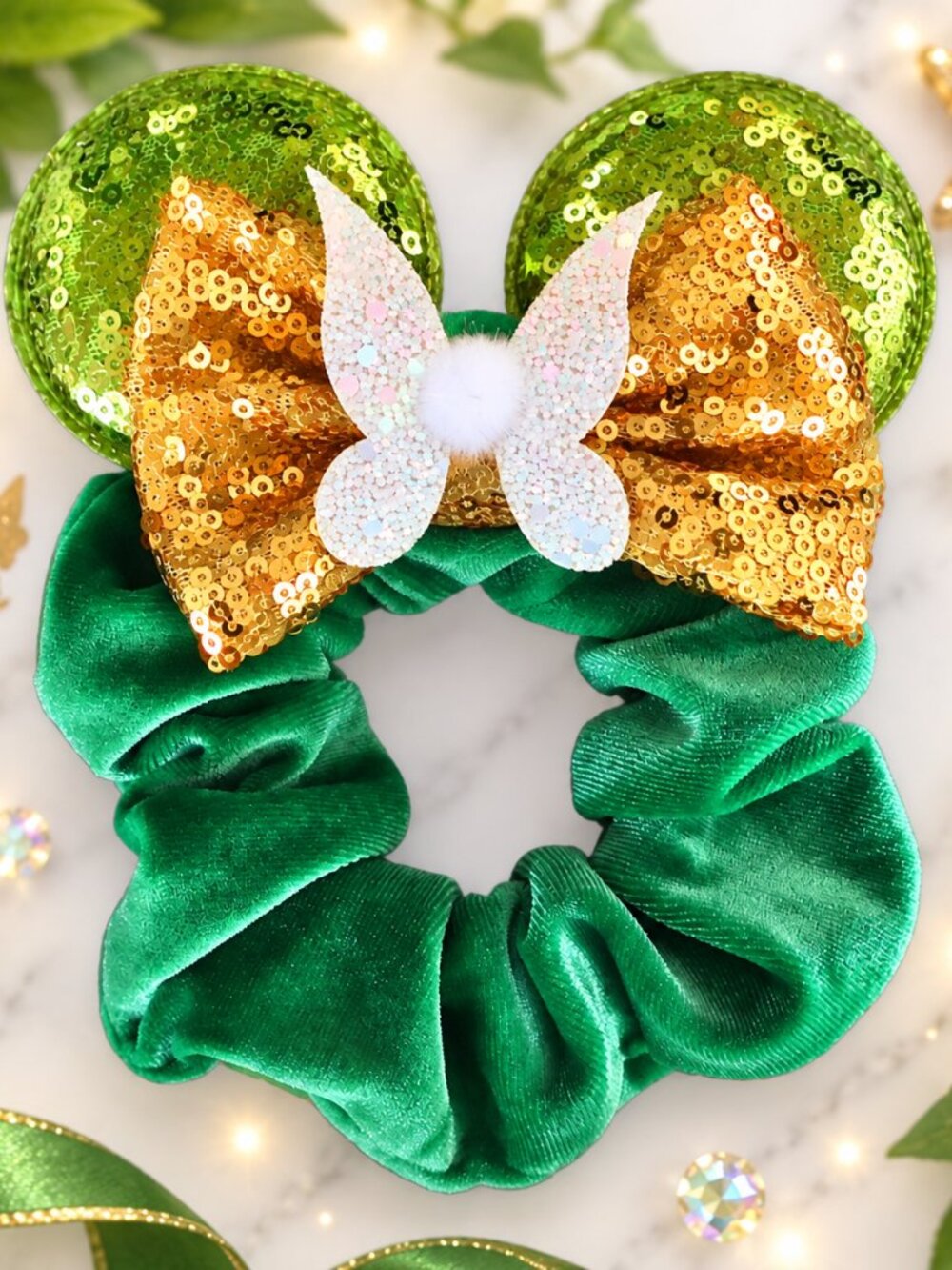 Tinker Bell Inspired Mouse Ears Scrunchie Green Gold Sequin Fairy Bow